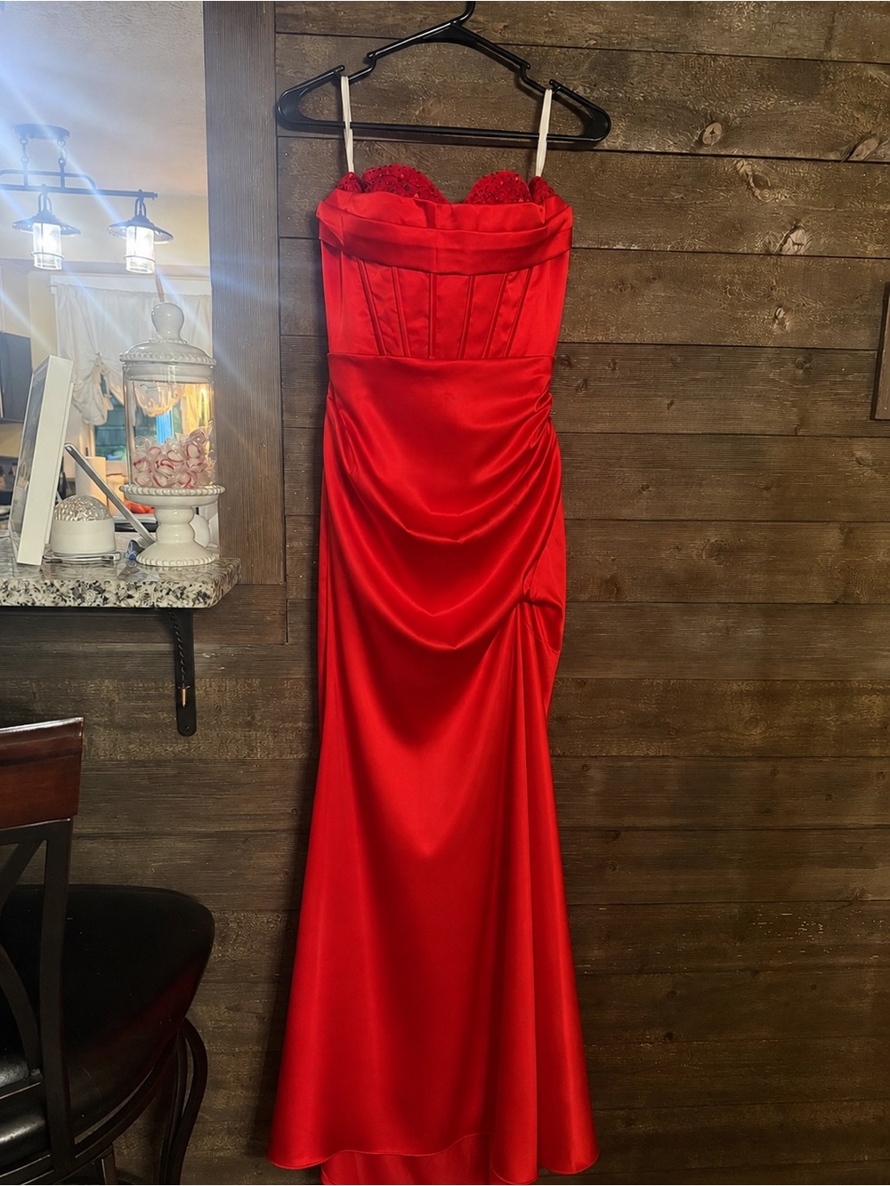 Elegant Red Strapless Satin Evening Gown